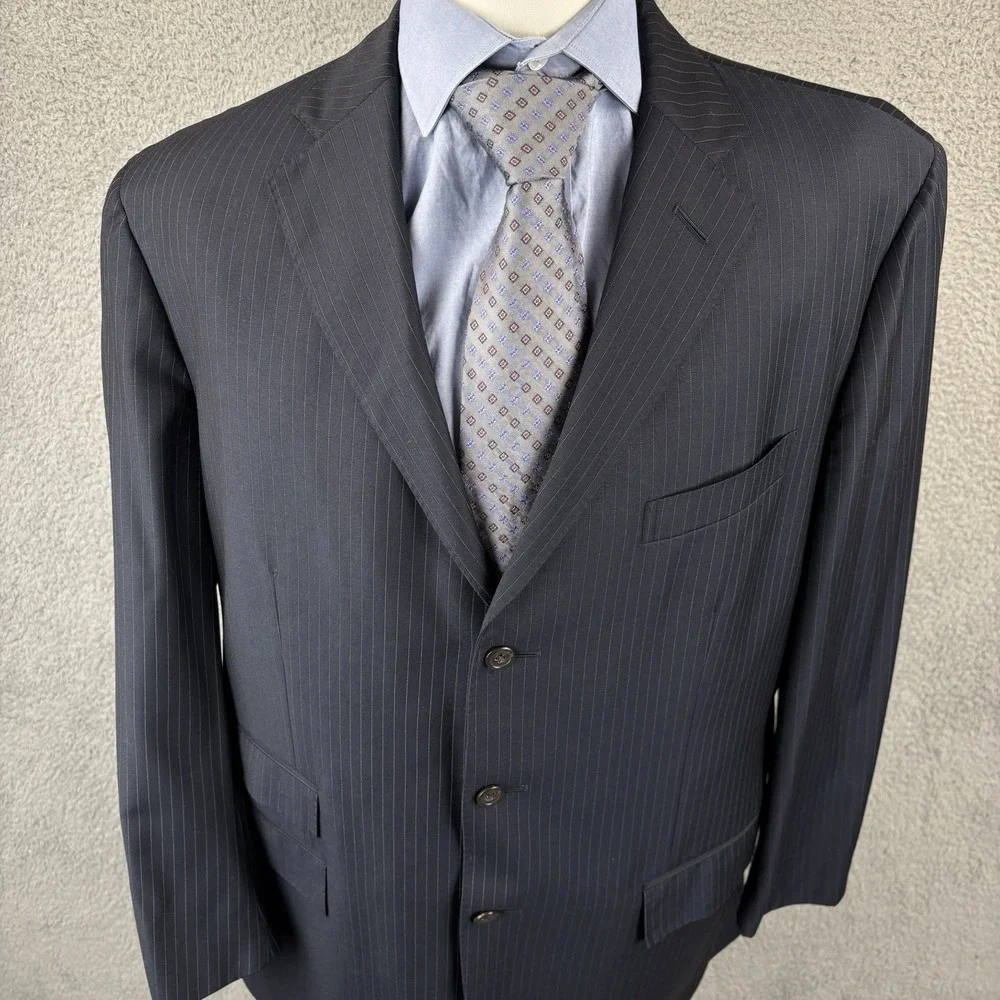 Vtg Polo Ralph Lauren 44R Blazer Navy Pinstripe 3‎ Button Wool Jacket Made Italy